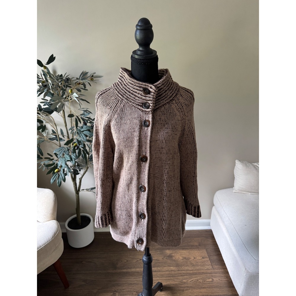 Croft & Barrow Womens Medium Brown Marl Ribbed Funnel Neck Cardigan Sweater